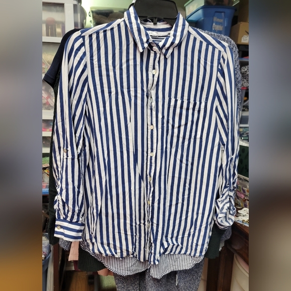 Jane & Delancey Blue White Striped Button Down Shirt Small - Picture 1 of 6